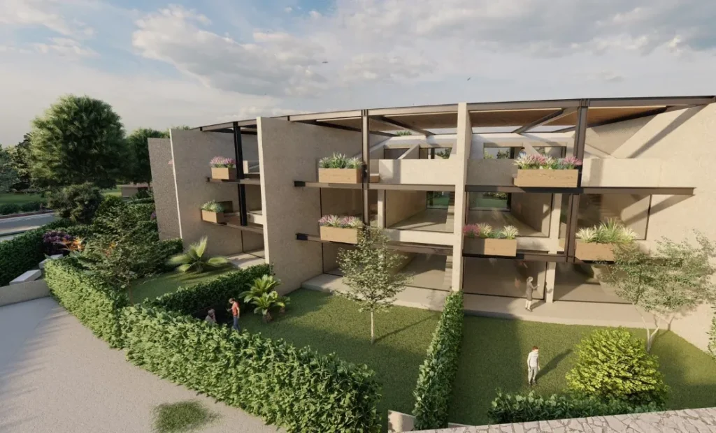 Rendering di una residenza moderna con terrazze e giardino a Catania
